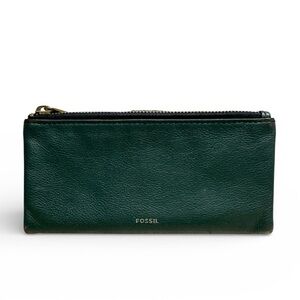Fossil Lainie Green Leather Zip & Snap Clutch Wallet Organizer See Pics